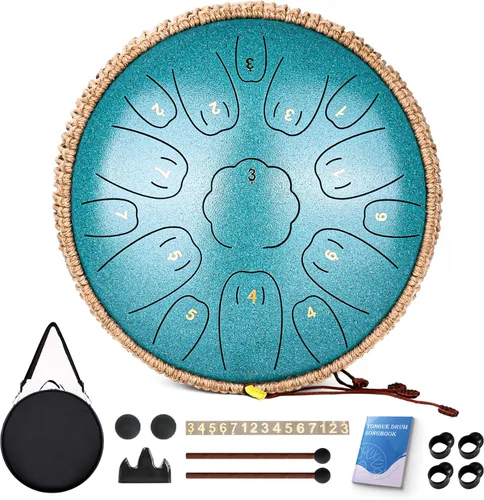 Miniatura 12 de Tambor de Lengua de Acero - 15 Notas Tambor de Acero - Instrumento de Tambor Handpan de 14 Pulgadas con Libro de Música, Mazos para Instrumentos