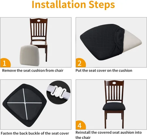 Miniatura 4 de Fuloon Fundas elásticas para asiento de silla, 4 unidades, extraíbles y lavables, fundas para sillas de comedor, antipolvo, fundas de cojín de Negro