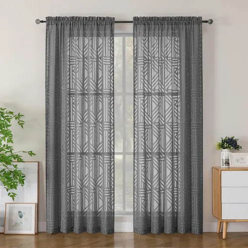 Miniatura 26 de Simplebrand Cortinas traslúcidas negras de cocina de 24 pulgadas de largo, 2 paneles, filtrado de luz, geométrico jacquard con textura, cortinas