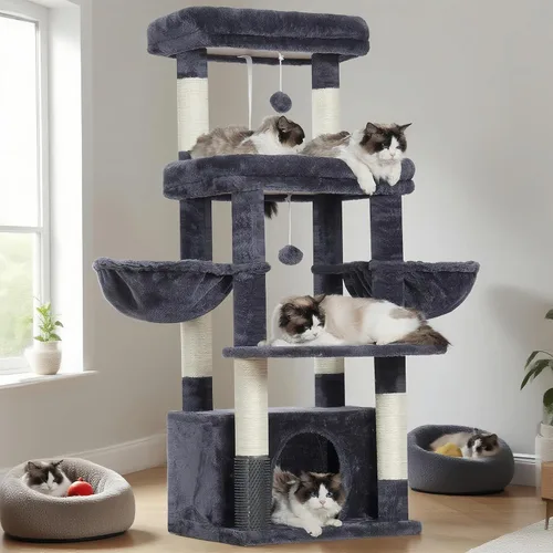 Miniatura 10 de Hey-brother Torre de árbol para gatos, postes rascadores con plataforma y cesta extra grande, condominio especial, 2 hamacas acogedoras, tabla
