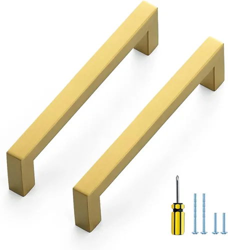 Miniatura 24 de Ravinte Paquete de 5 tiradores dorados de latón brusehed de 3 pulgadas para gabinetes de cocina, herrajes de cocina cuadrados dorados para gabinete