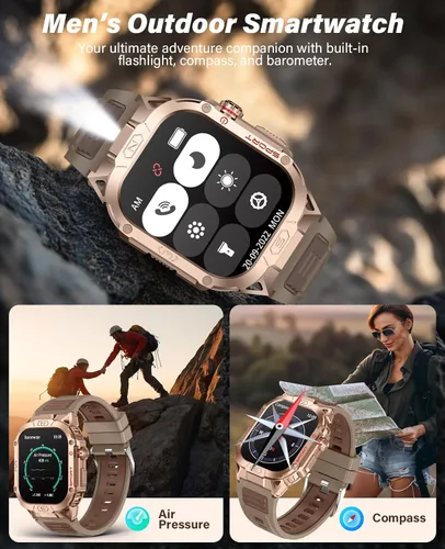 Miniatura 7 de Relojes inteligentes de grado militar SOUYIE para hombres con linterna LED, monitor de presión arterial/frecuencia cardíaca/SpO2/sueño, batería