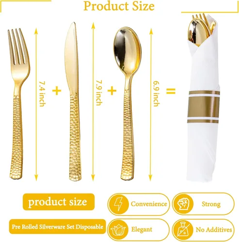Miniatura 2 de WELLIFE Paquete de 50 cubiertos de plástico dorado, servilletas preenrolladas con cubiertos dorados, cubiertos martillados dorados desechables