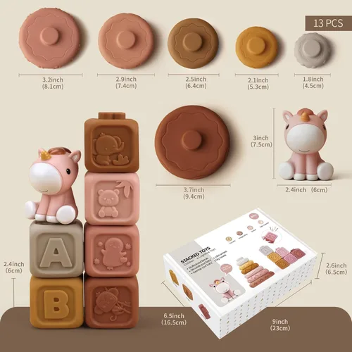 Miniatura 7 de Nueplay Juguetes Apilables Suaves para Bebés Niñas, Set de 12 Piezas de Anillos Suaves y Bloques de Formas con Adorno de Unicornio — Juguetes