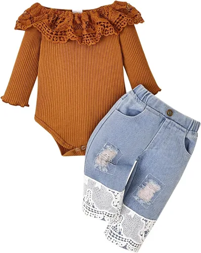Miniatura 28 de Conjunto de ropa de bebé niña para bebé, mameluco de encaje blanco de manga larga + pantalones de mezclilla
