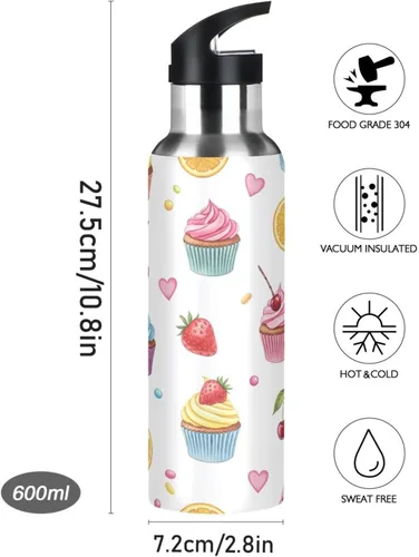 Miniatura 9 de Insulated Water Bottle 32 Oz, BPA-Free Sport Water Bottle Insulated for Gym Outdoor Travel School, Colorful Cupcakes