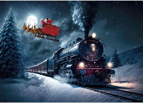 Miniatura 8 de Fondo de fotografía de tren de Navidad, tren nocturno de invierno, Papá Noel, fondo fotográfico para Navidad, Año Nuevo, fiesta infantil