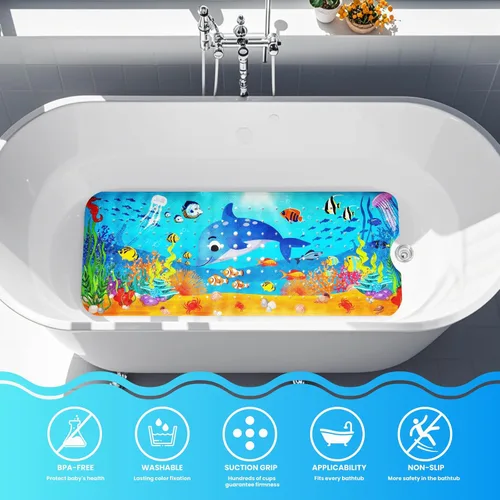 Miniatura 2 de Tapete de baño para bebé, 40 x 16 pulgadas, extra grande, alfombrillas antideslizantes para bañera y ducha con dibujos animados para niños