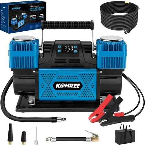 Miniatura 8 de Kohree Compresor de aire de doble cilindro de 12 V, inflador rápido de neumáticos de 12.35 pies³/min, bomba de neumáticos portátil resistente