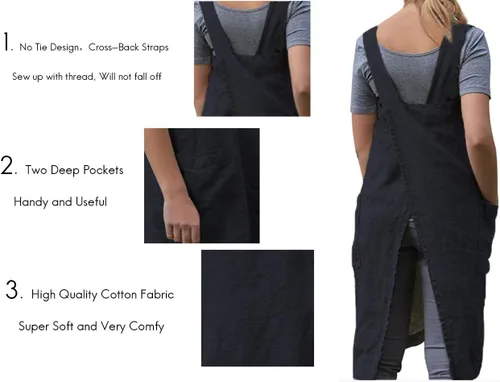 Miniatura 3 de Larmliss Delantal tipo pinafore cuadrado para mujer, para hornear, cocinar, jardinería, con espalda cruzada, mezcla de algodón/lino, con 2 bolsillos