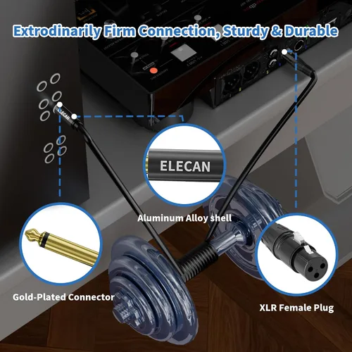 Miniatura 3 de Elecan XLR hembra a 1/4 de pulgada 0.250 in TS mono cable de micrófono 4 pies, adaptador de cable de conexión profesional desequilibrado