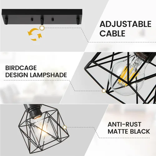 Miniatura 5 de Lámpara colgante de 3 luces, lámpara colgante de isla de cocina de granja, iluminación colgante industrial para comedor, dormitorio, pasillo