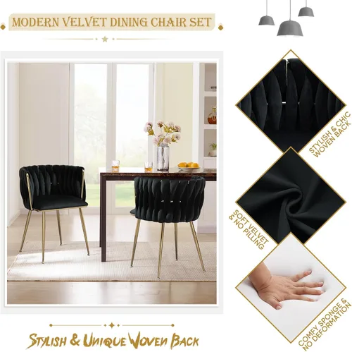 Miniatura 4 de Juego de 2 sillas de comedor tapizadas de terciopelo, sillas modernas para sala de estar con respaldo tejido y patas de metal dorado, silla auxiliar