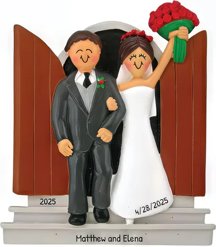 Miniatura 5 de Adorno personalizado de casado de nuestra primera Navidad 2025 Nombre y año personalizados Recuerdo de boda rubia de novia y novio morena Boda