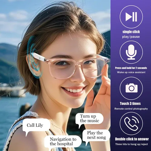 Miniatura 4 de Gafas inteligentes para mujer, gafas de auriculares con altavoces integrados, audio de oído abierto HD, filtrado de luz azul para trabajar (negro)