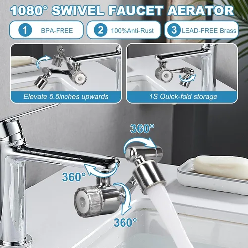 Miniatura 4 de Extensor de grifo giratorio de 1080°, filtro de fregadero de baño, filtro de agua de grifo con 2 modos de salpicadura, sistema de filtración de tasa