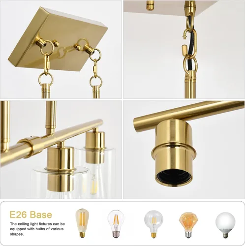 Miniatura 5 de Candelabro Moderno Dorado para Isla de Cocina de 4 Luces Latón Cepillado Lámpara Colgante Estilo Granja Industrial Accesorio de Iluminación
