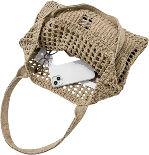 Miniatura 27 de ENBEI Bolsa de playa para mujer, diseño hueco de punto de ganchillo, elegante para la playa, viajes y uso diario
