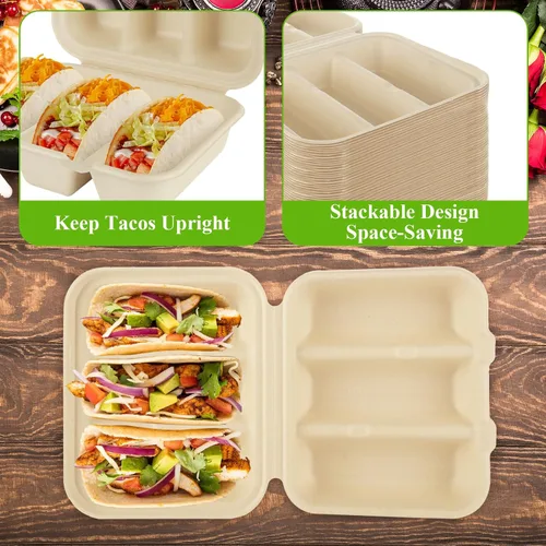 Miniatura 5 de 50 soportes desechables para tacos con tapas, platos para tacos con 3 divisores, bandejas de tacos desechables para llevar, soportes para tacos