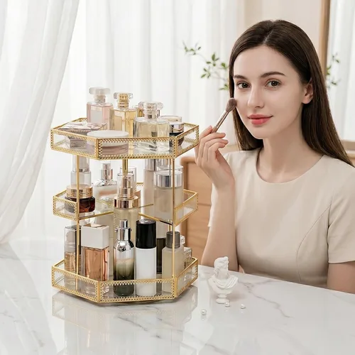 Miniatura 7 de ZOOFOX Organizador de maquillaje de vidrio giratorio de 360 grados, soporte grande de almacenamiento de cosméticos con ribete dorado para tocador