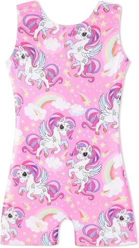 HOZIY - Leotardos de gimnasia con pantalones cortos brillantes para niñas pequeñas; estampados de unicornio, aurora, arco iris, sirena, dinosaurio,