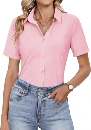 Miniatura 15 de HOTOUCH Camisas con botones para mujer, camisas de vestir de manga corta, blusas casuales de negocios, blusa de trabajo de oficina