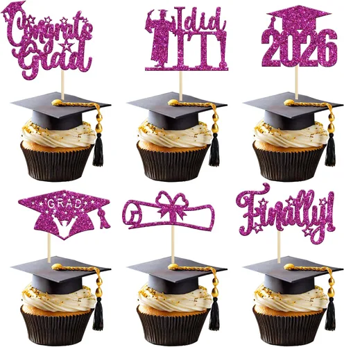 Miniatura 33 de Paquete de 24 adornos para cupcakes de clase 2026 con purpurina 2026 Felicidades Graduación Diploma Done Cupcake Picks 2026 Graduación Temática