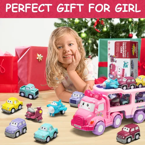 Miniatura 5 de Vehículo de juguete de dibujos animados para niña pequeña, camión transportador rosa 9 en 1 para bebés, automóvil de transporte de energía