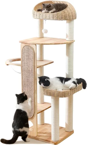 Árbol para gatos de 59 pulgadas, torre para gatos con poste rascador, manta de sisal extra larga, cesta tejida a mano y nido de cápsula espacial