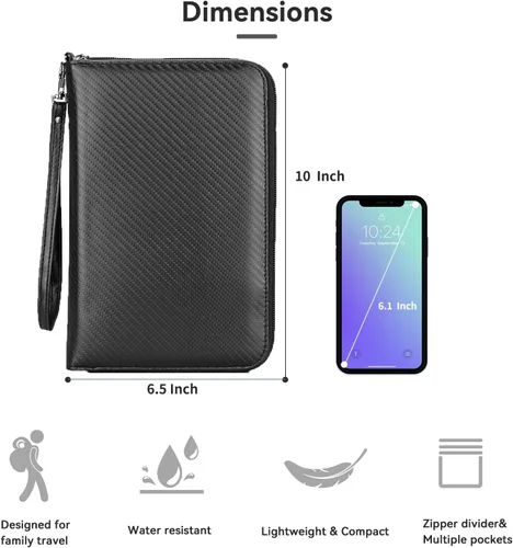 Miniatura 6 de Alameda - Cartera para pasaporte de viaje Organizador de tarjetas de fibra de carbono para documentos con correa de muñeca desmontable, cartera