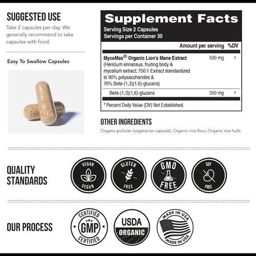 Miniatura 3 de Suplemento de Hongos Mane de León MycoMax - 70% Beta Glucanos, Extracto Orgánico de Mane de León de Máxima Potencia, Cultivado en EE. UU. +