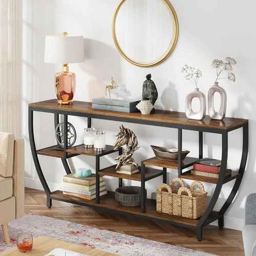 Miniatura 5 de Tribesigns - Mesa de sofá larga de 70.9 pulgadas con estantes, mesa consola rústica con almacenamiento, mesa de entrada industrial, soporte para TV