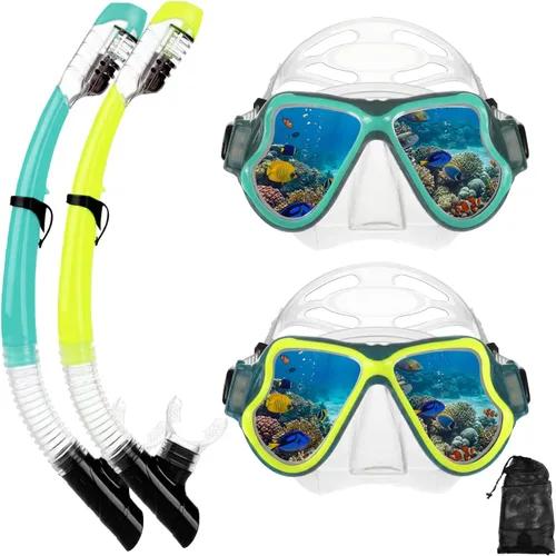 Miniatura 16 de Equipo de esnórquel para adultos, jóvenes y niños, juego de máscara de esnórquel con parte superior seca, juego de máscara de buceo antivaho