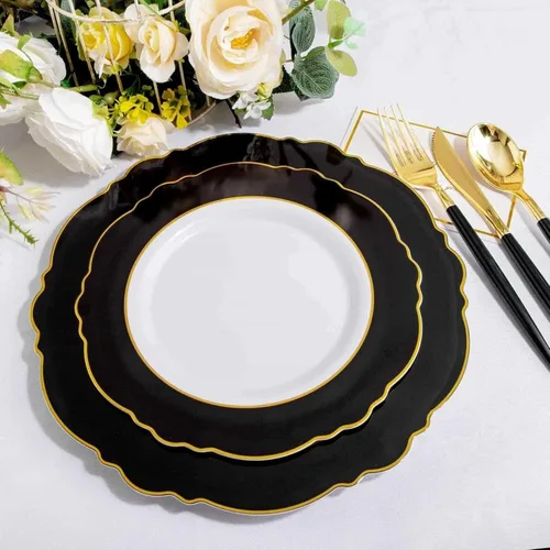 Miniatura 4 de WDF 30 Invitados - Platos de plástico negro y dorado, platos de Año Nuevo, cubiertos de plástico dorado con mango negro, vajilla desechable barroca