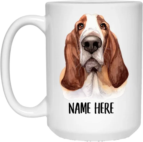 Funny Basset Hound - Taza de café con nombre personalizado, diseño de retrato con nombre personalizado, regalo de Navidad 2025, color blanco, 15