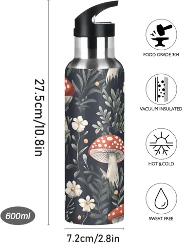 Miniatura 9 de Insulated Stainless Steel Water Bottle with Straw 20 Oz, BPA-Free Sport Water Bottle for Gym Outdoor Travel School, Red Mushrooms White Flowers