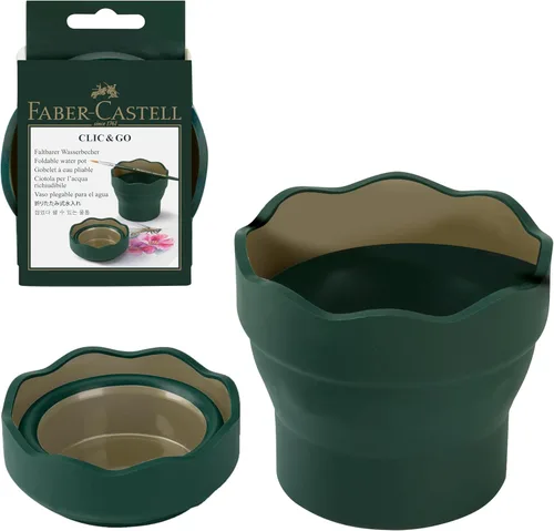 Faber-Castell Clic & Go Artist Taza de Agua, Verde Oscuro - Herramienta Limpiadora de Pinceles Plegable Amigable para Viajes con Soporte para