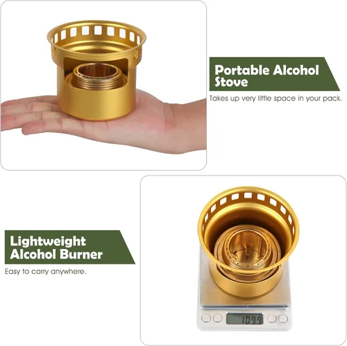 Miniatura 4 de Mini estufa de alcohol 2 en 1 para acampar, quemador de alcohol portátil con soporte cruzado de acero inoxidable, bolsa de almacenamiento, pequeña