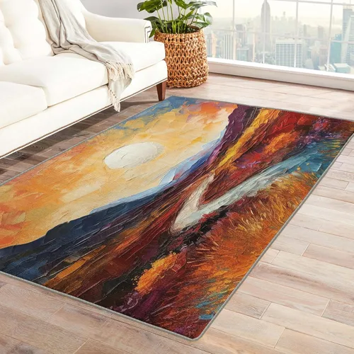 Miniatura 8 de Alfombra de área de sol de montaña de 3 x 5 pulgadas, alfombra de pintura al óleo, alfombras lavables para decoración de sala de estar y dormitorio