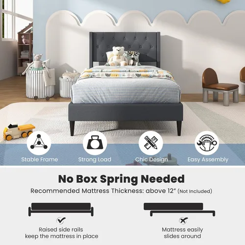 Miniatura 6 de Giantex Base de cama de plataforma de tamaño individual con respaldo de alas, base de cama tapizada de tela con cabecera capitonada con botones