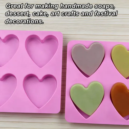 Miniatura 5 de Moldes de silicona con forma de corazón, 4 moldes de jabón en forma de corazón, moldes de chocolate para hacer jabón, dulces, pasteles, velas, Rosa-B
