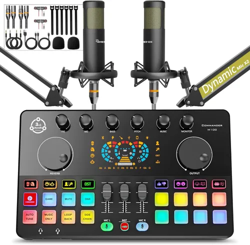 Miniatura 11 de Paquete de equipo de podcast para 2, mezclador de DJ de interfaz de audio con micrófono condensador XLR de 48 V, RGB, cambio de voz, para HS-M100-2X