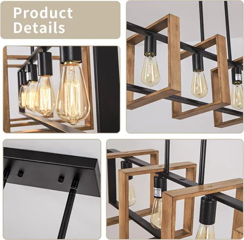 Miniatura 6 de Lámpara colgante de comedor de granja, para isla de cocina, rústica, 4 luces, madera y metal negro, lámpara rectangular para colgar en el techo