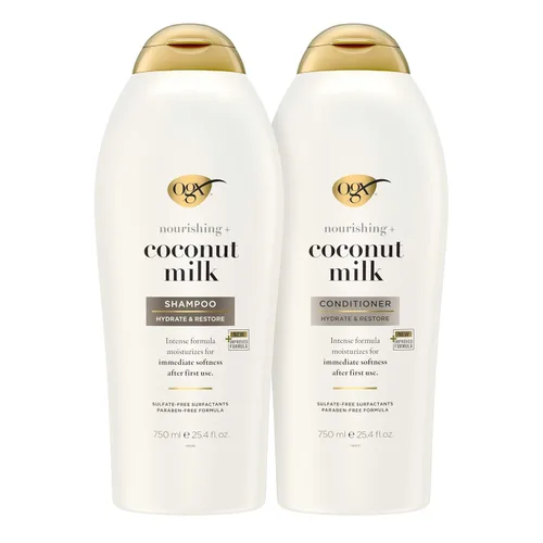OGX Set de champú y acondicionador, nutritiva + leche de coco, champú y acondicionador para hidratar y fortalecer el cuidado del cabello, formulado