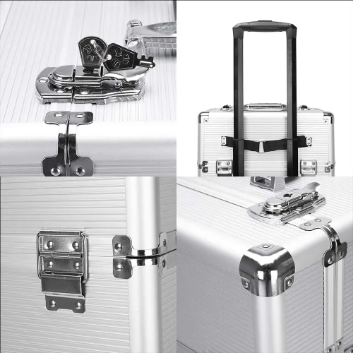 Miniatura 5 de Flandre Estuche de aluminio 3 en 1, organizador de cosméticos de belleza, caja de viaje de maquillaje, caja de tren con ruedas, bandejas plegables