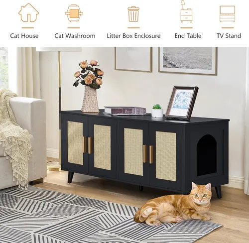 Miniatura 5 de Homhedy Caja de arena bohemia para gatos para 2 gatos, muebles de madera para baño de gatos con puertas decoradas de ratán doble, casa de mascotas