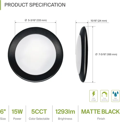 Miniatura 2 de ASD 1 paquete de luces LED de disco de 6 pulgadas, 15W 5CCT 2700K-5000K 1245LM CRI90+, luminaria de techo regulable de montaje empotrado, luces
