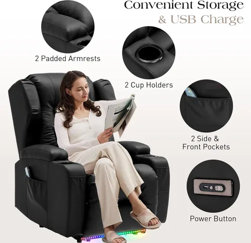 Miniatura 6 de Sillas reclinables eléctricas para adultos con masaje y calor, silla reclinable individual de piel sintética, sofá reclinable reclinable para cine