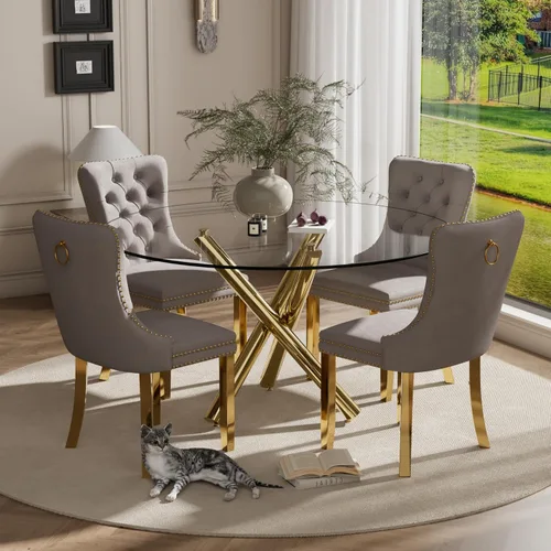 Miniatura 15 de Juego pequeño de mesa redonda con tapa de vidrio transparente para 2, 36'' Juego moderno de lujo para cenas circulares, 3 piezas Juego minimalista