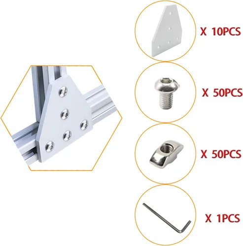 Miniatura 2 de 10 piezas 2020 placa de unión de placa de unión de aluminio en forma de T, conector de extrusión de aluminio de 5 agujeros con 50 tuercas en T, 50